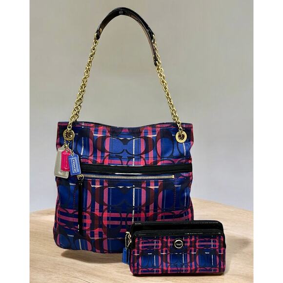 Y2K Coach 21136 Poppy Tartan Slim Tote Bag & Wristlet Wallet